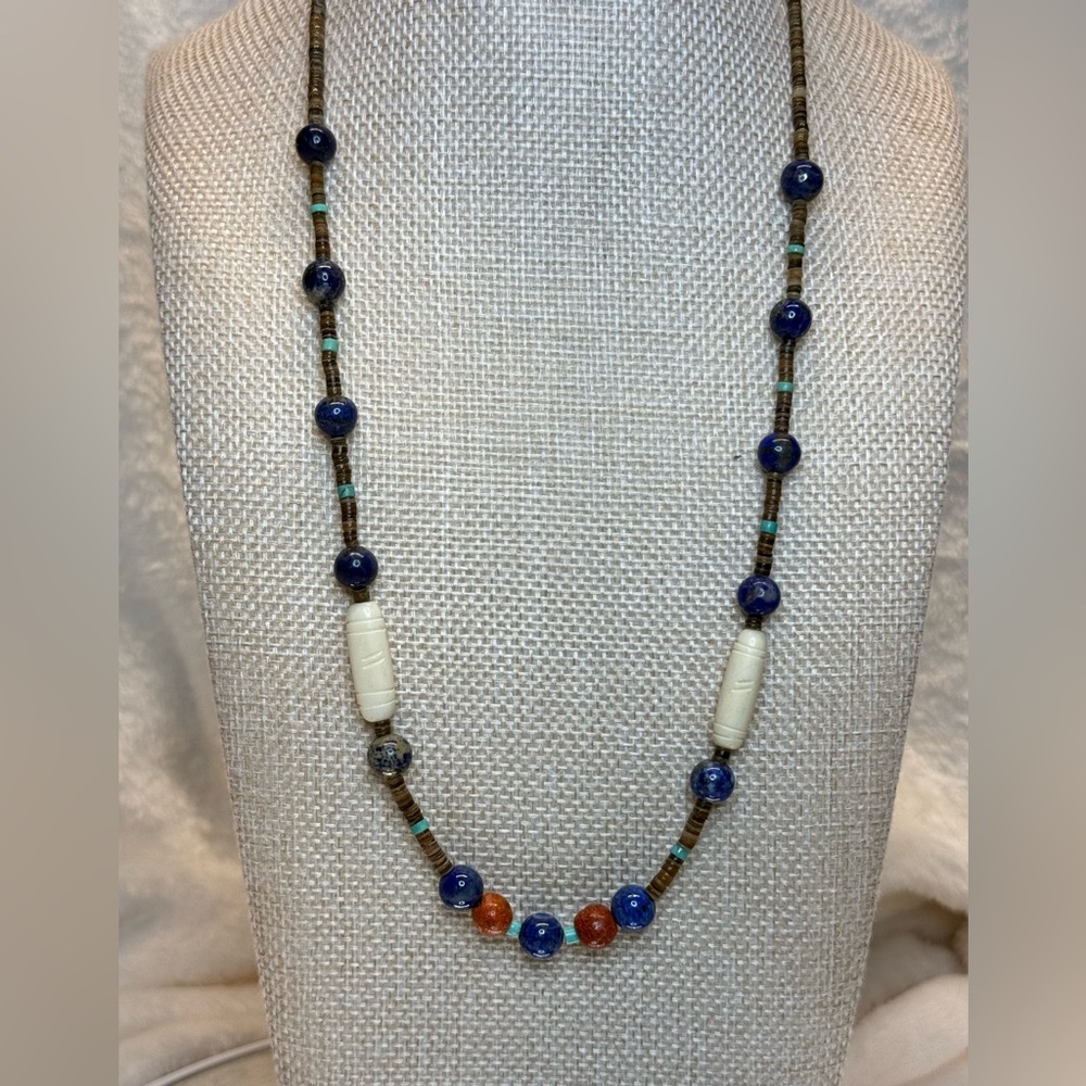 Bohemian Zuni beaded Lapis & Sponge Coral With Turquoise Gemstones Necklace 24”